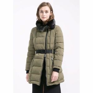 Mango asymmetrical puffer coat with faux fur trim